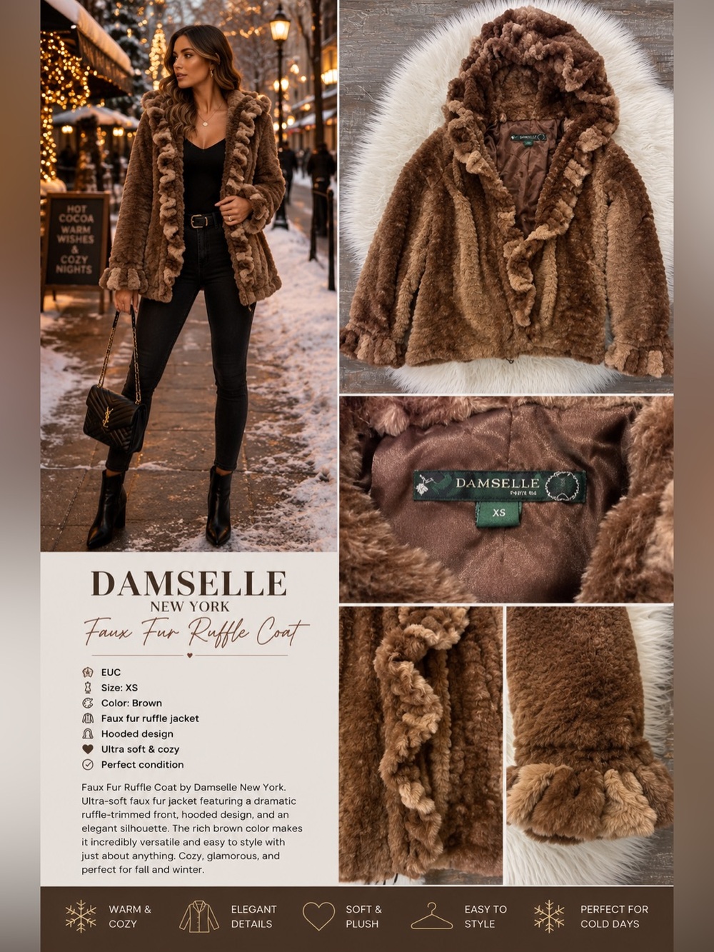 Damselle New York Faux Fur Ruffle Coat XS Brown Teddy Jacket Hooded Glam Winter - Picture 6 of 6